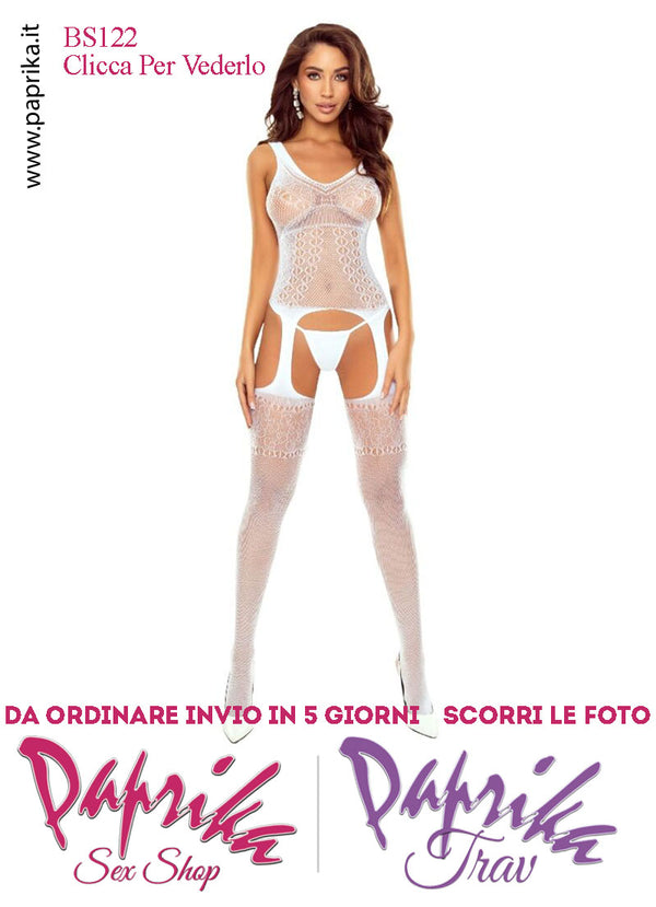 Tutina Bianca Catsuit Rete Lavorata Riga Posteriore Aperture Grandi