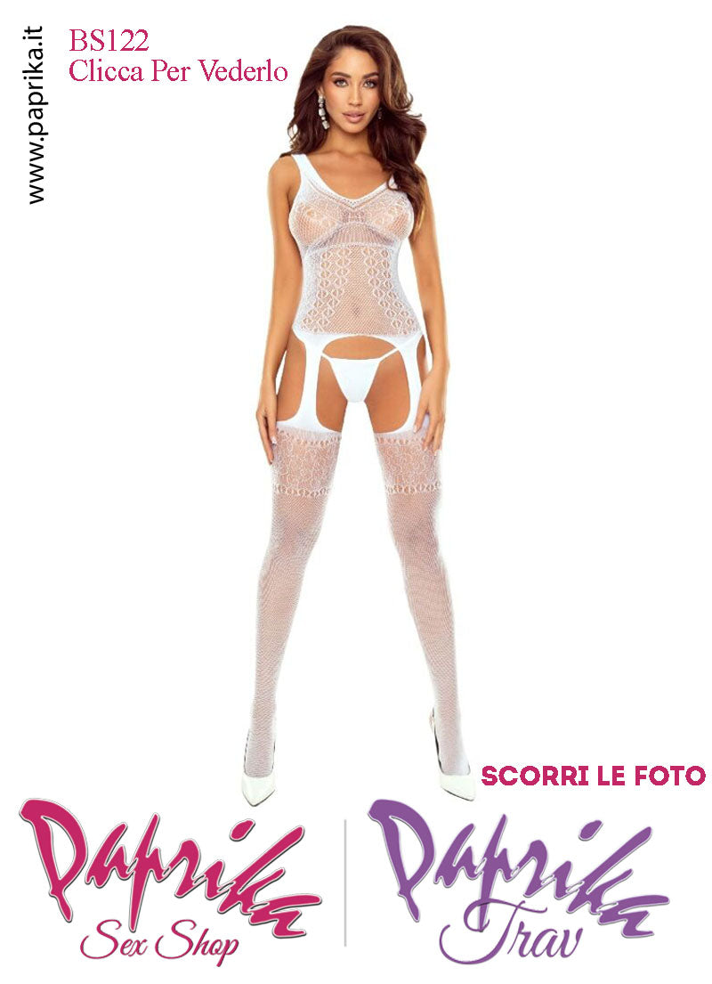 Tutina Bianca Catsuit Rete Lavorata Riga Posteriore Aperture Grandi