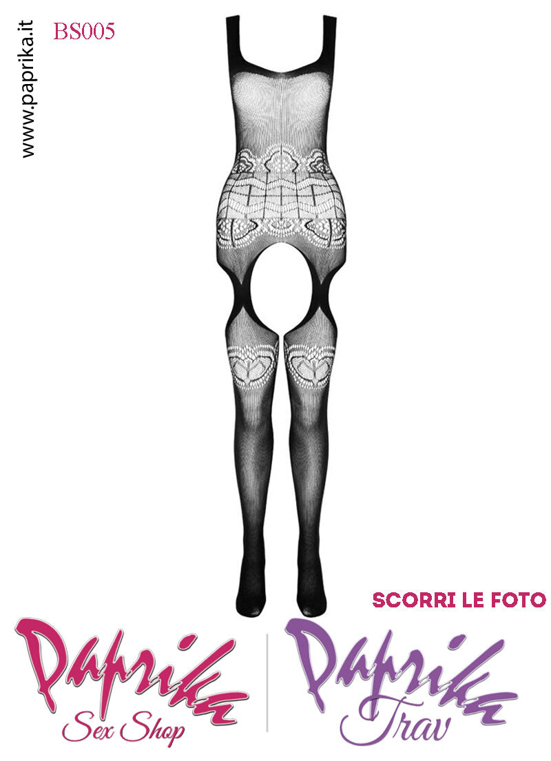 Catsuit Tutina Rete Lavorata Inserti Rete Piccola Aperture Grandi