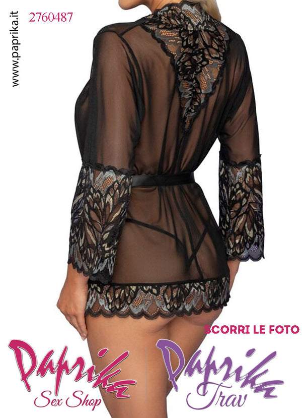 Vestaglia Kimono Corto Tulle Trasparente Contorno Pizzo Lavorato Maniche 3/4