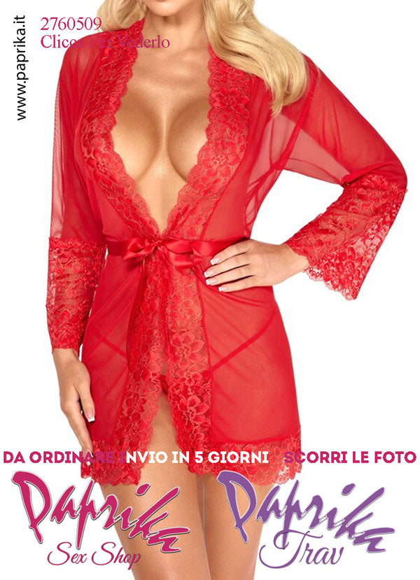 Vestaglia Kimono Corto Tulle Trasparente Contorno Pizzo Maniche 3/4 Perizoma