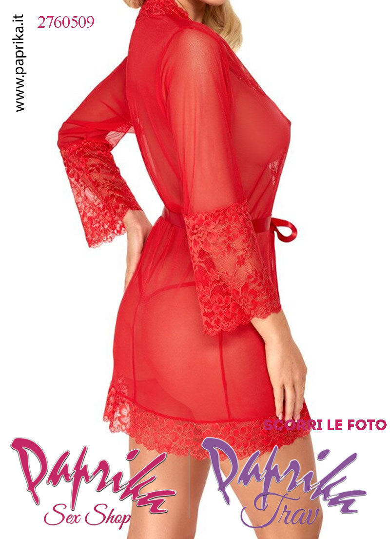 Vestaglia Kimono Corto Tulle Trasparente Contorno Pizzo Maniche 3/4 Perizoma
