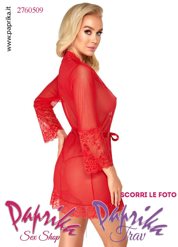 Vestaglia Kimono Corto Tulle Trasparente Contorno Pizzo Maniche 3/4 Perizoma