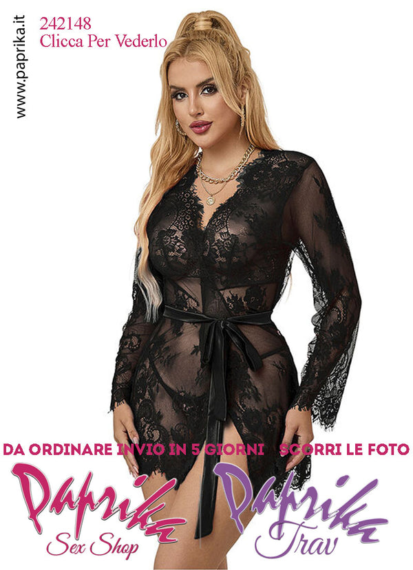 Vestaglia Sexy Corta Pizzo Trasparente Lavorato Maniche Lunghe