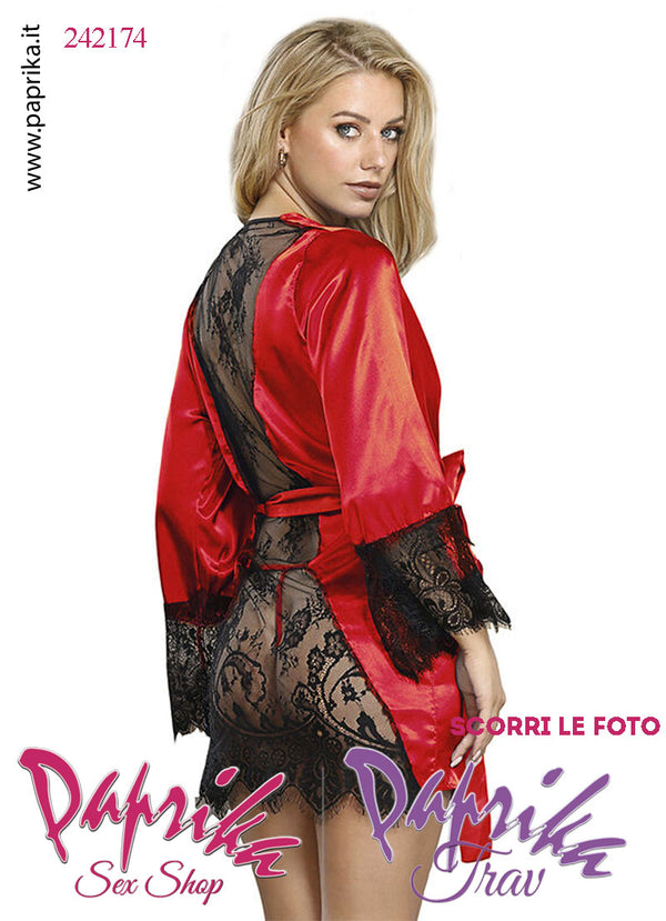 Vestaglia Sexy Corta Raso Pizzo Dietro Maniche Lunghe Perizoma