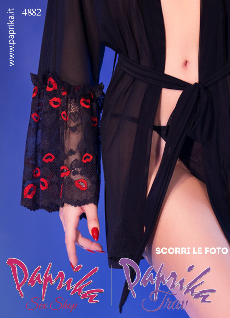 Vestaglia Sexy Tulle Trasparente Maniche Lunghe Baci Labbra Rosse Perizoma
