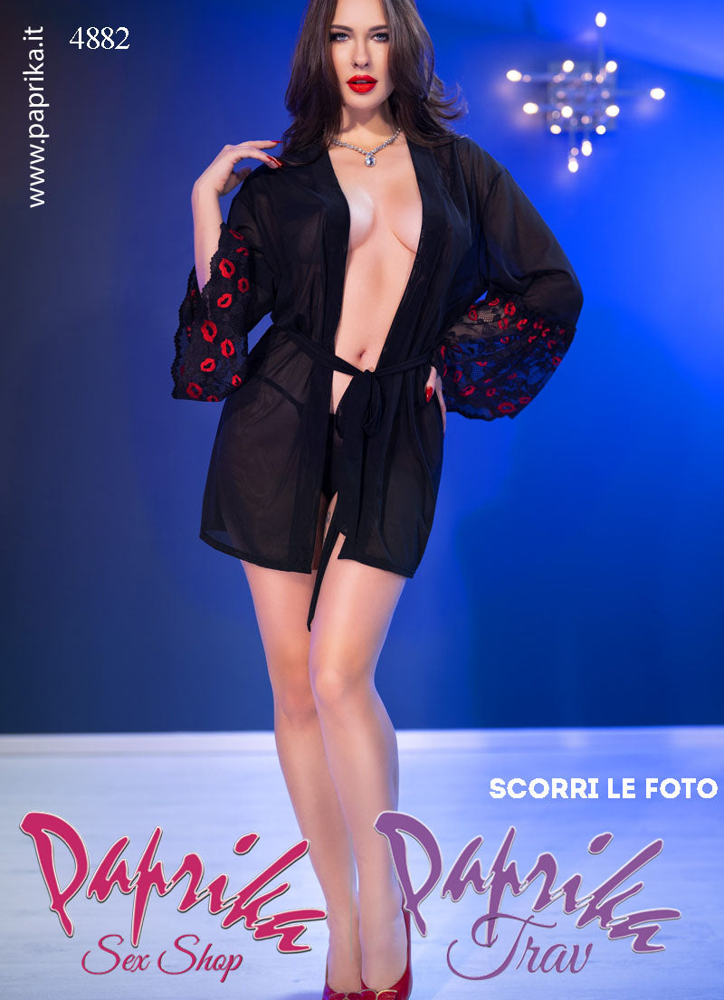 Vestaglia Sexy Tulle Trasparente Maniche Lunghe Baci Labbra Rosse Perizoma