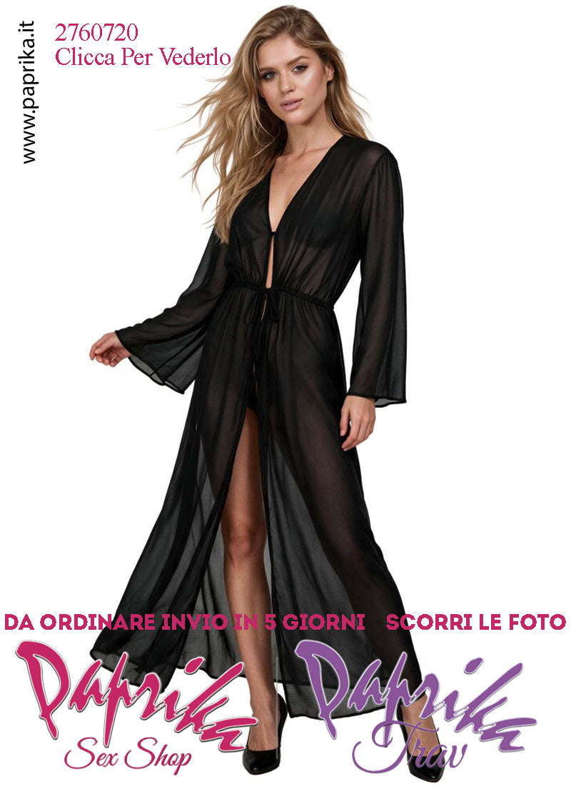Vestaglia Sexy Lunga Kimono Tulle Semi Trasparente Maniche Lunghe Allacciata