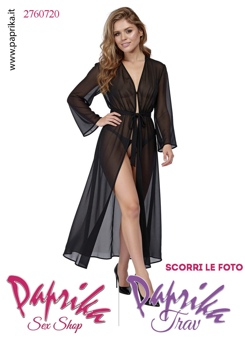Vestaglia Sexy Lunga Kimono Tulle Semi Trasparente Maniche Lunghe Allacciata