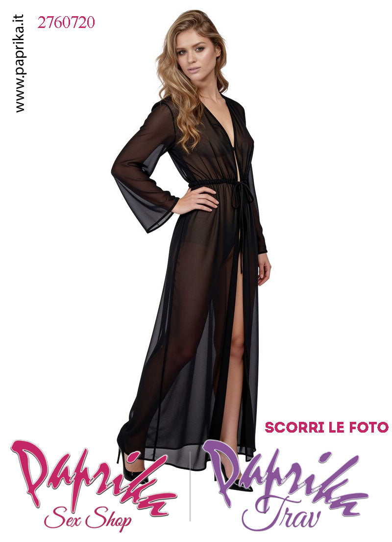 Vestaglia Sexy Lunga Kimono Tulle Semi Trasparente Maniche Lunghe Allacciata