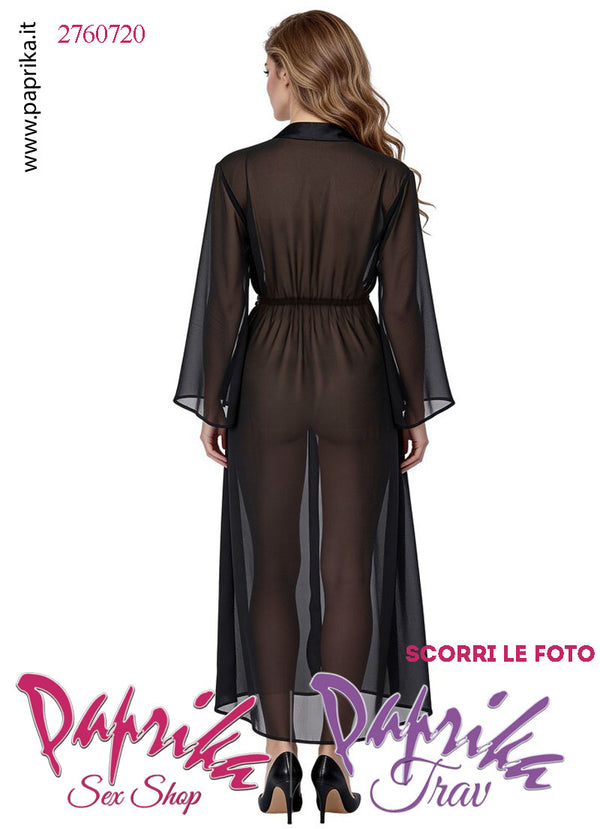Vestaglia Sexy Lunga Kimono Tulle Semi Trasparente Maniche Lunghe Allacciata