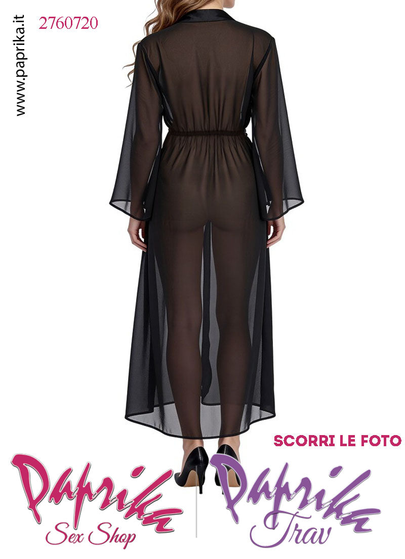 Vestaglia Sexy Lunga Kimono Tulle Semi Trasparente Maniche Lunghe Allacciata