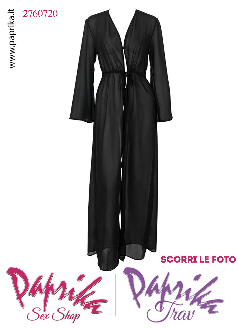 Vestaglia Sexy Lunga Kimono Tulle Semi Trasparente Maniche Lunghe Allacciata