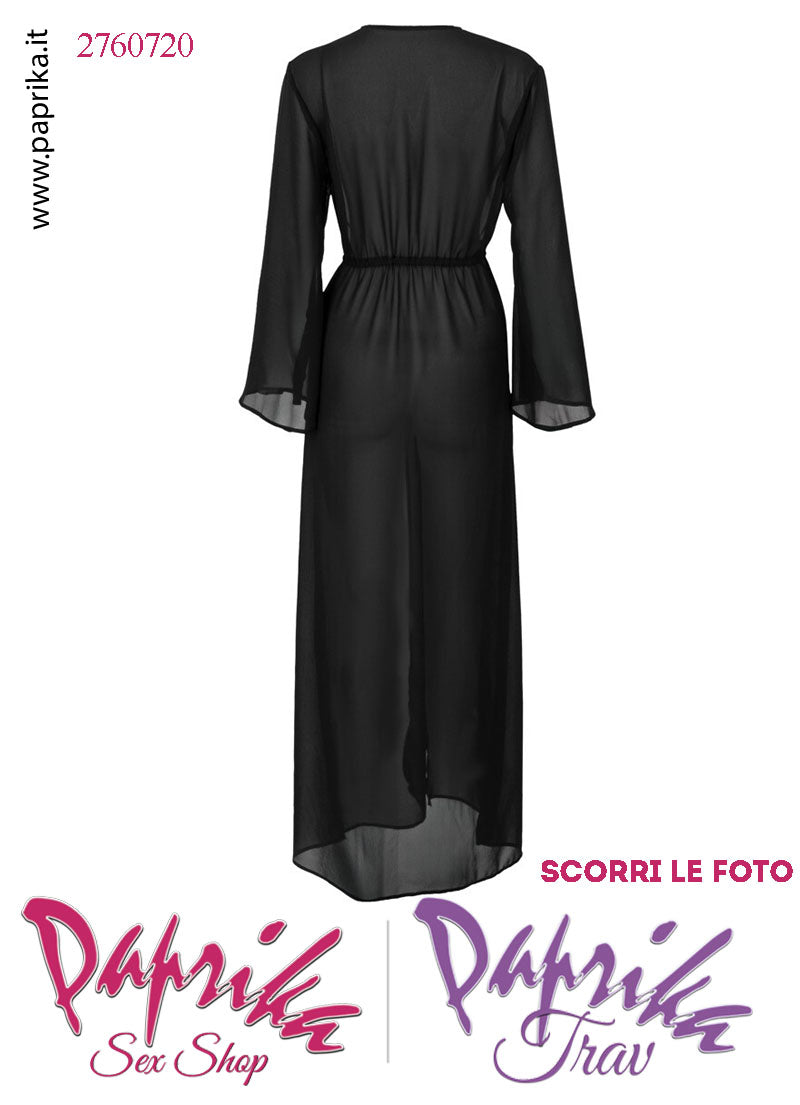 Vestaglia Sexy Lunga Kimono Tulle Semi Trasparente Maniche Lunghe Allacciata