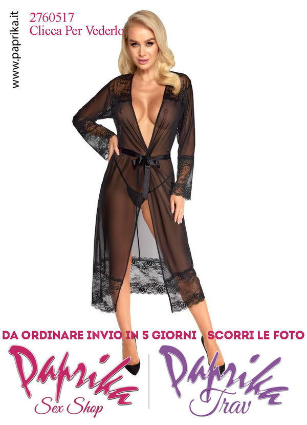 Vestaglia Kimono Lunga Tulle Trasparente Contorno Pizzo Maniche Lunghe Perizoma