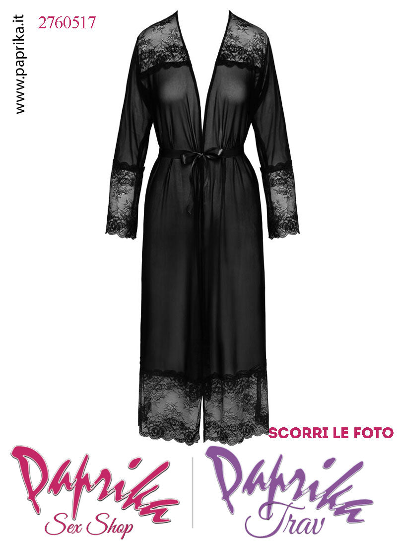 Vestaglia Kimono Lunga Tulle Trasparente Contorno Pizzo Maniche Lunghe Perizoma