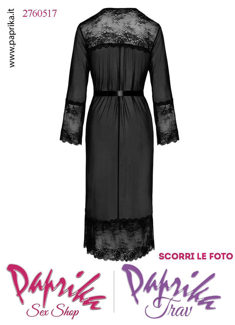 Vestaglia Kimono Lunga Tulle Trasparente Contorno Pizzo Maniche Lunghe Perizoma