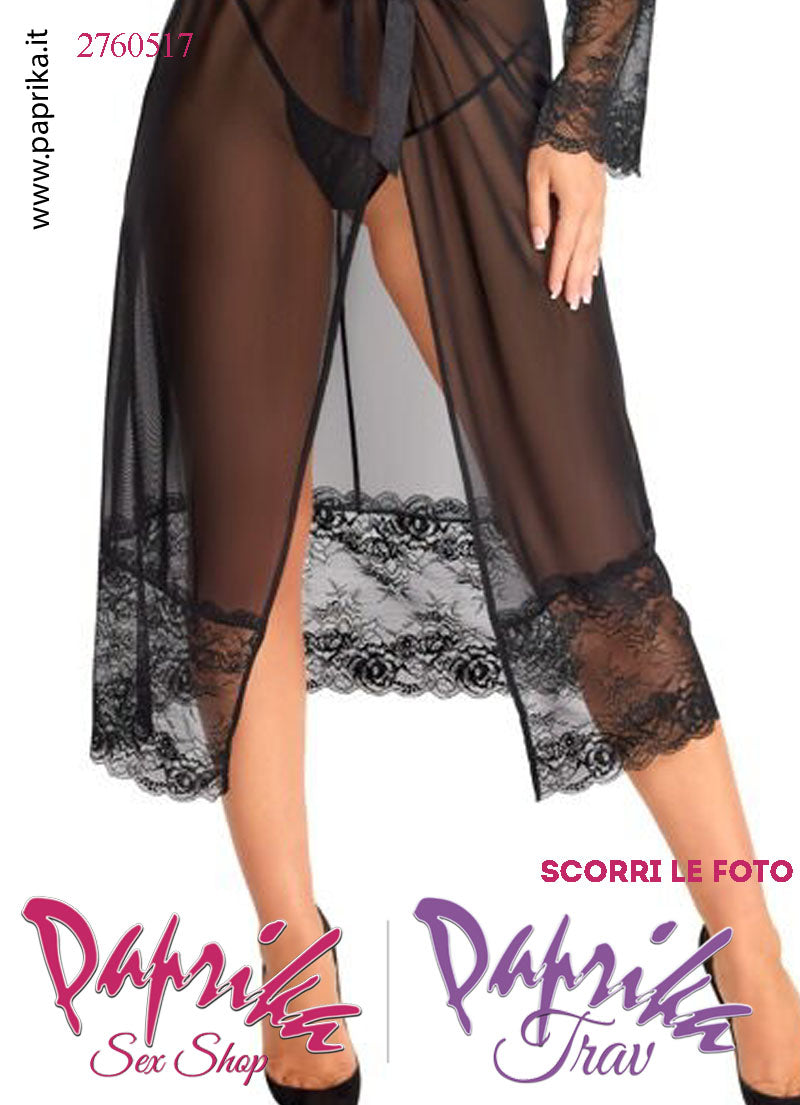 Vestaglia Kimono Lunga Tulle Trasparente Contorno Pizzo Maniche Lunghe Perizoma