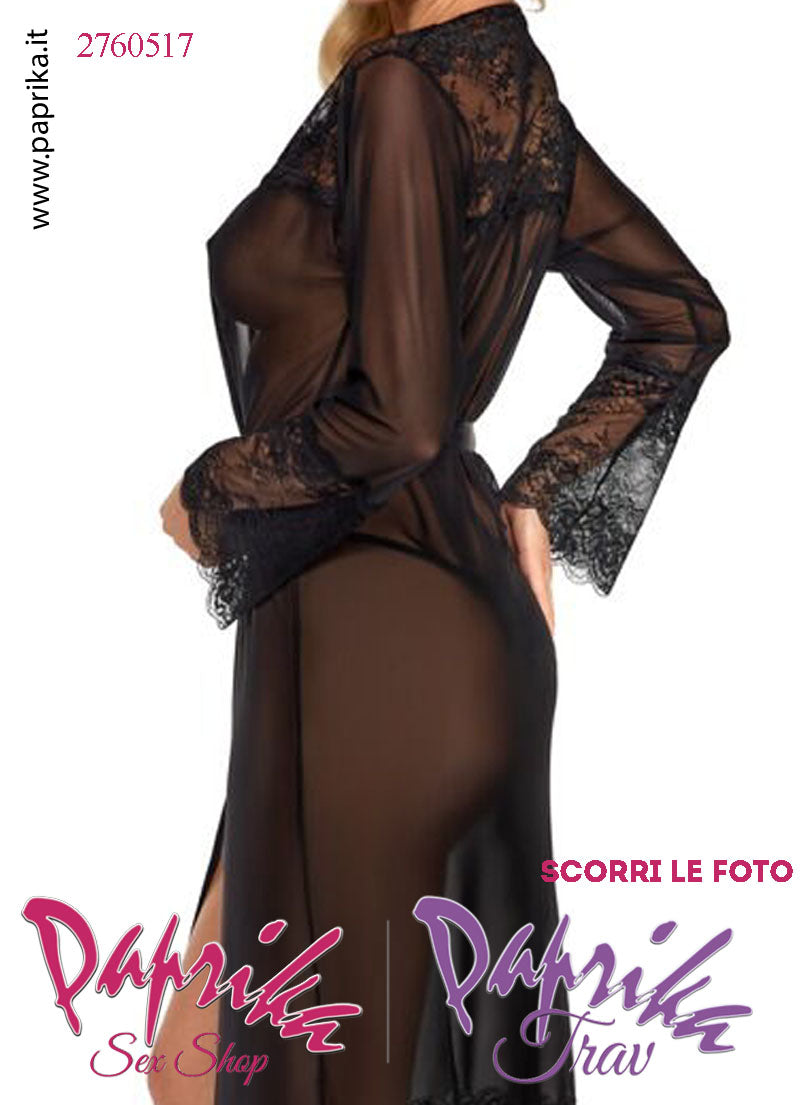 Vestaglia Kimono Lunga Tulle Trasparente Contorno Pizzo Maniche Lunghe Perizoma