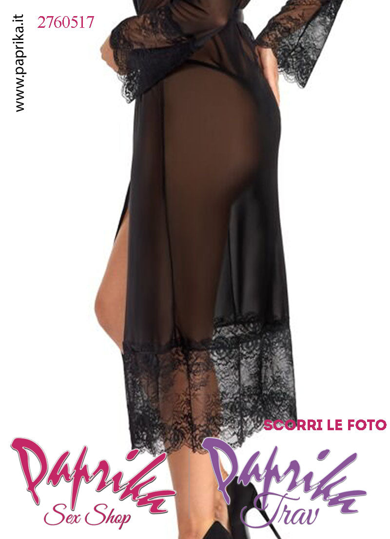 Vestaglia Kimono Lunga Tulle Trasparente Contorno Pizzo Maniche Lunghe Perizoma