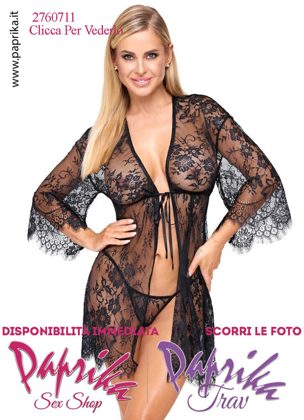 Vestaglia Sexy Corta Pizzo Semi Trasparente Maniche Lunghe Allacciata Perizoma