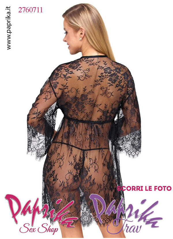 Vestaglia Sexy Corta Pizzo Semi Trasparente Maniche Lunghe Allacciata Perizoma