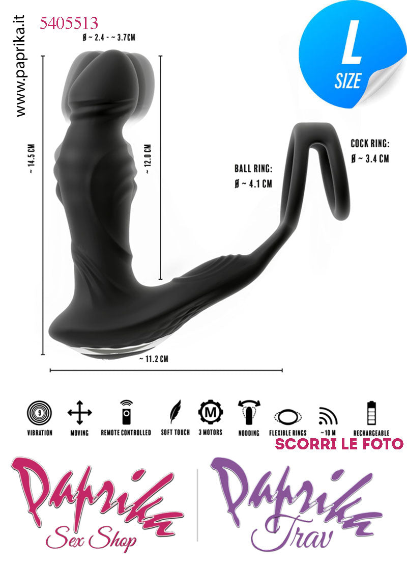 Vibratore Prostatico Large Movimento Punta Telecomandato 12 cm Ø 38 Anelli Pene