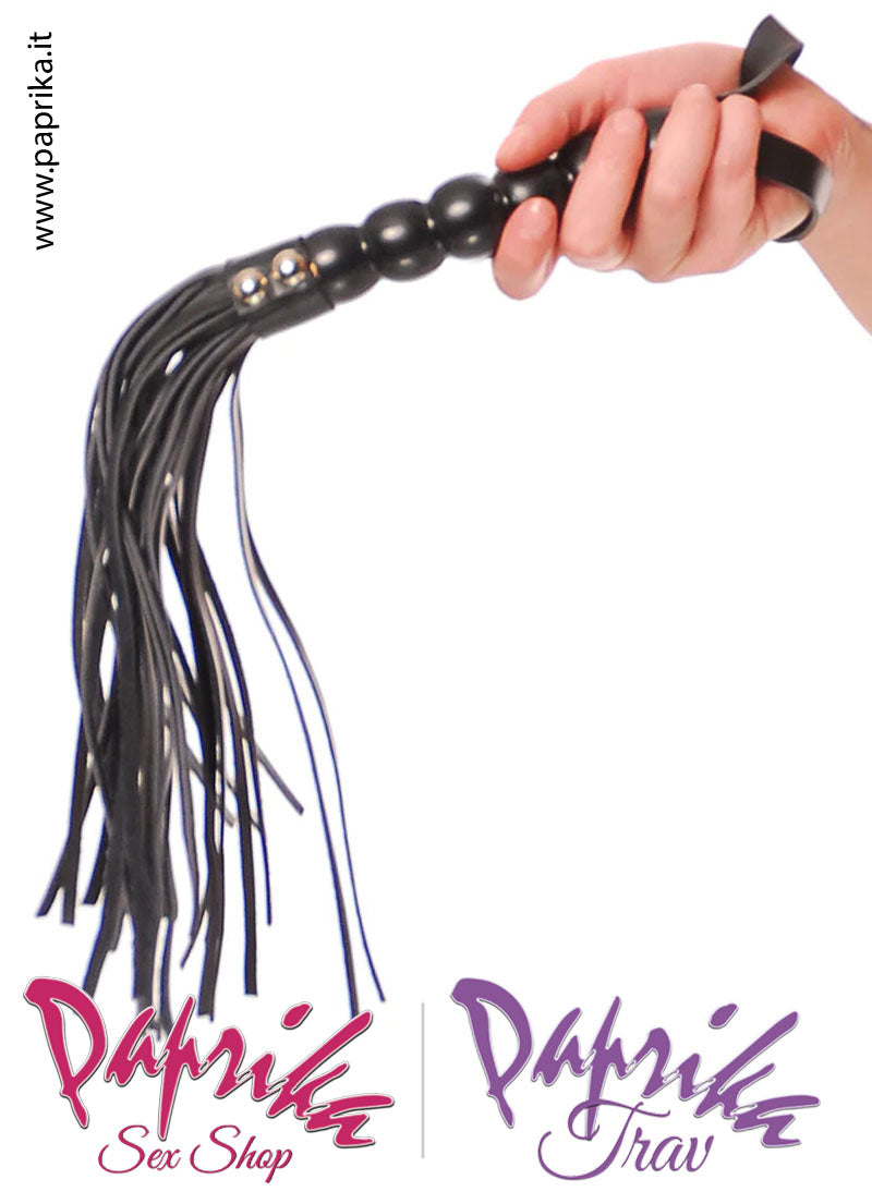 Frusta Whip Bdsm Pelle Dolorosa 40 cm Manico Legno Palline