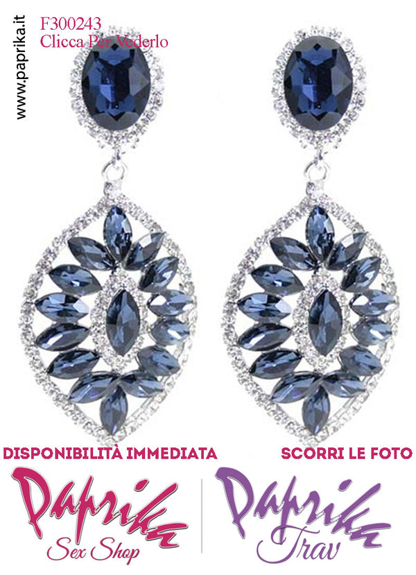 Orecchini Pendenti Ovali Con Clip Metallo Strass Grandi Blu