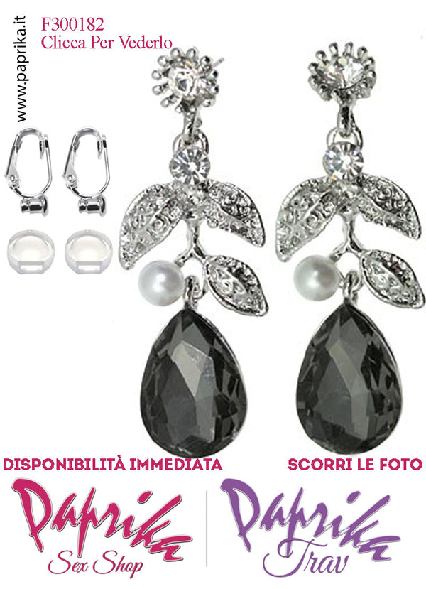 Orecchini Goccia Perla Pendenti Strass Metallo Neri Perno Clip Omaggio