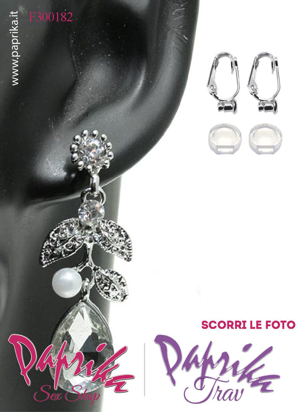 Orecchini Goccia Perla Pendenti Strass Metallo Neri Perno Clip Omaggio