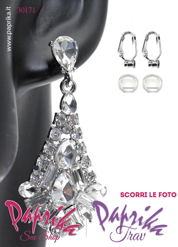 Orecchini Goccia Pendenti Metallo Strass Rossi Perno Clip Omaggio