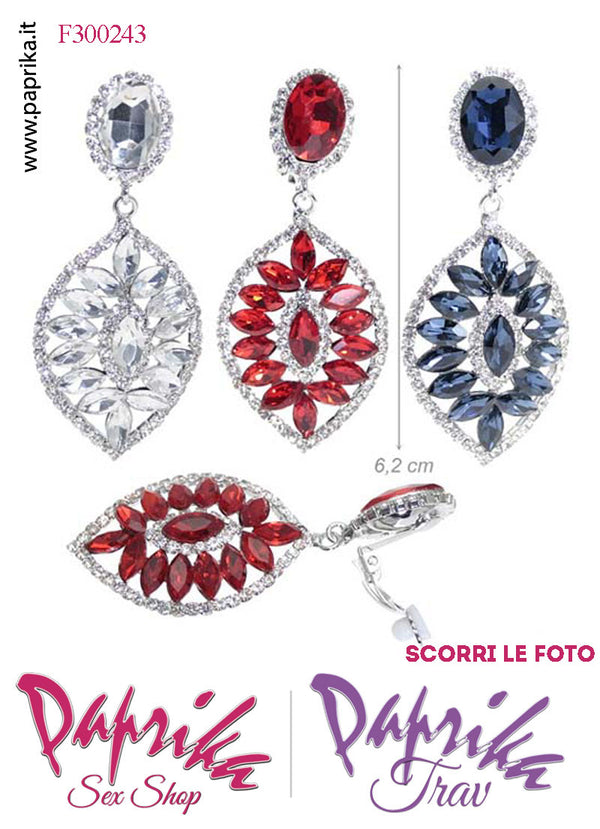 Orecchini Pendenti Ovali Con Clip Metallo Strass Grandi Blu