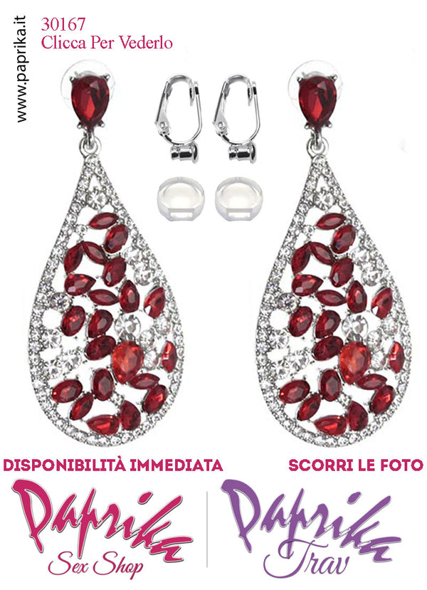 Orecchini Ovali Pendenti Strass Metallo Rossi Perno Clip Omaggio