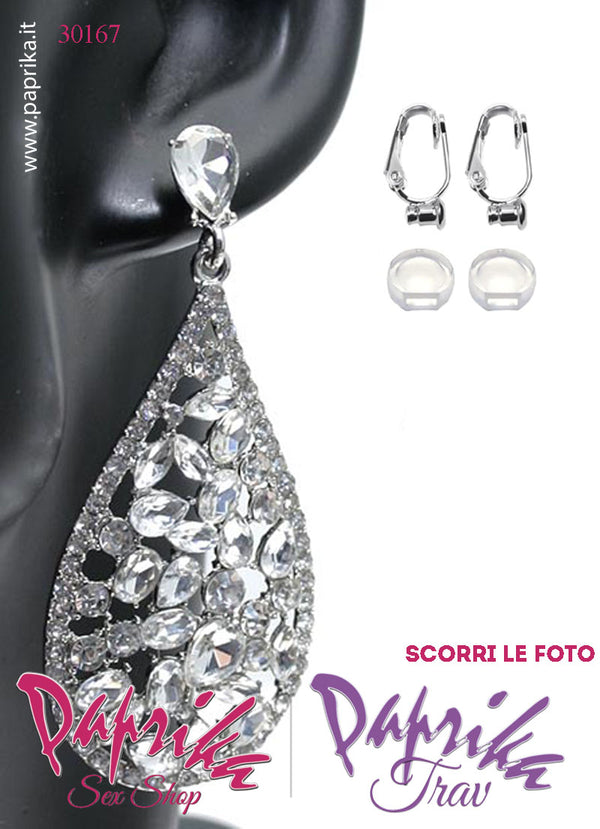 Orecchini Ovali Pendenti Strass Metallo Rossi Perno Clip Omaggio