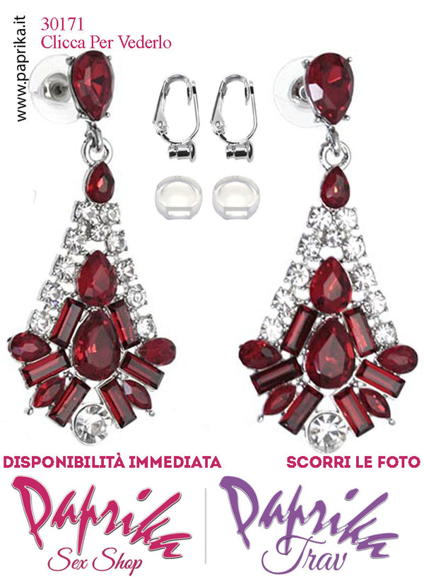 Orecchini Goccia Pendenti Metallo Strass Rossi Perno Clip Omaggio