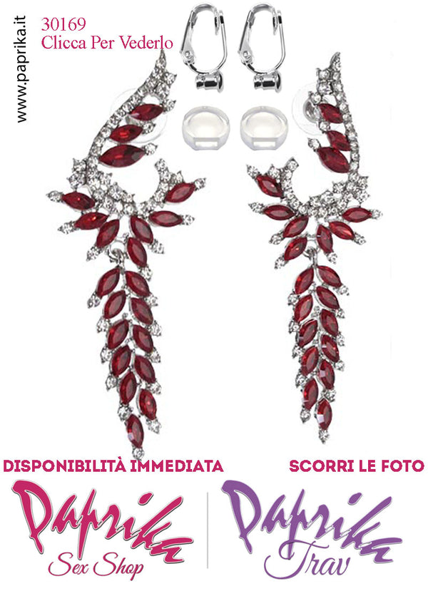 Orecchini Foglie Pendenti Metallo Strass Grandi Rossi Perno Clip Omaggio
