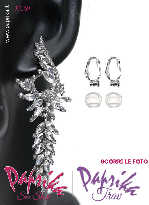 Orecchini Foglie Pendenti Metallo Strass Grandi Rossi Perno Clip Omaggio