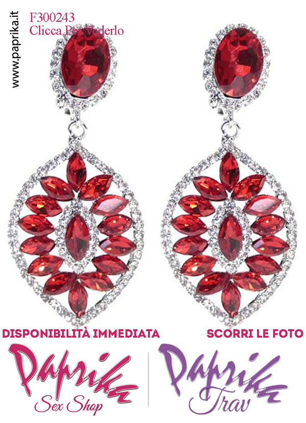 Orecchini Pendenti Ovali Con Clip Metallo Strass Grandi Rossi