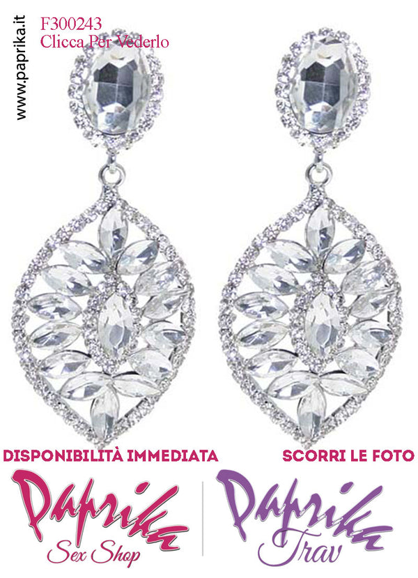 Orecchini Pendenti Ovali Con Clip Metallo Strass Grandi Trasparente