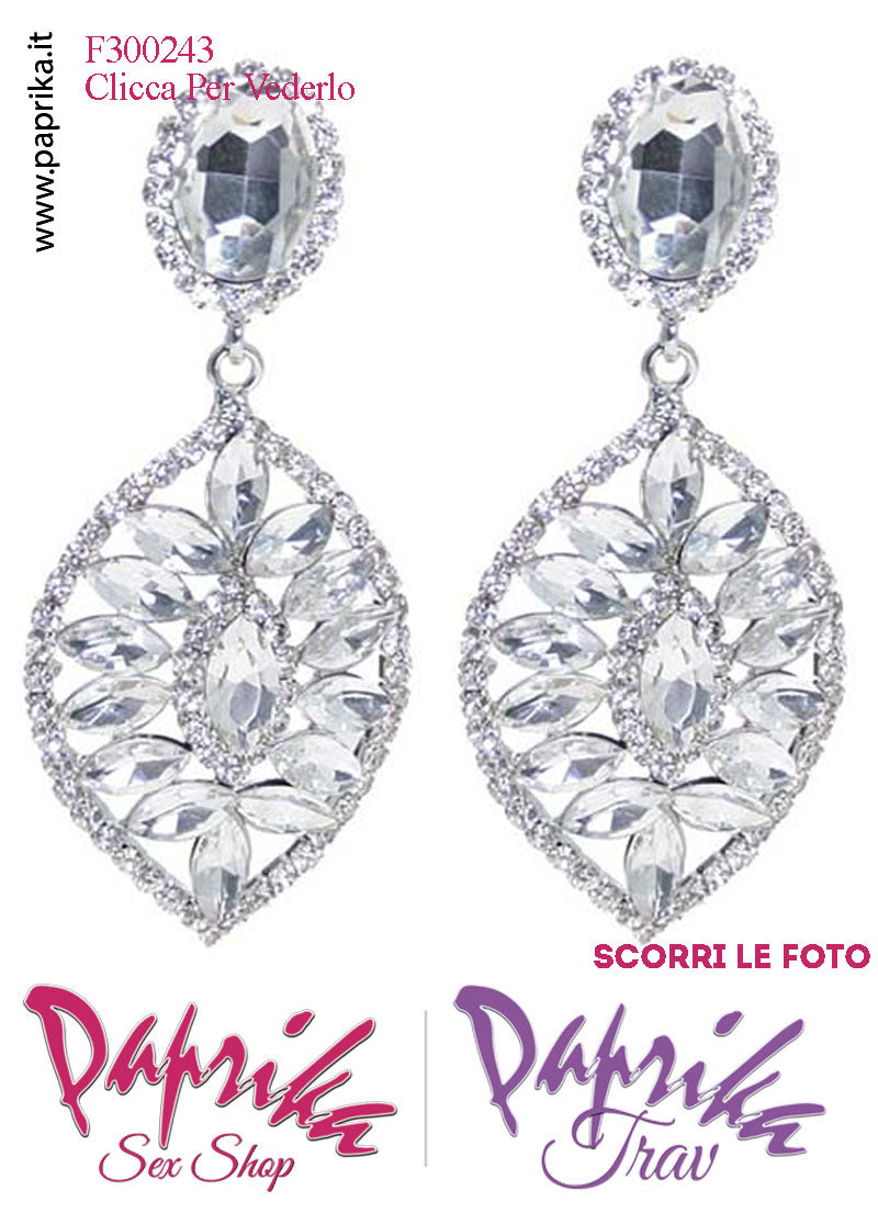 Orecchini Pendenti Ovali Con Clip Metallo Strass Grandi Trasparente