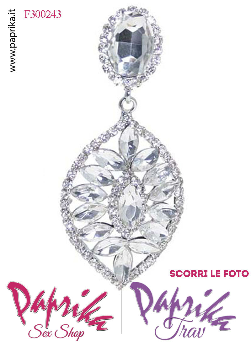 Orecchini Pendenti Ovali Con Clip Metallo Strass Grandi Trasparente