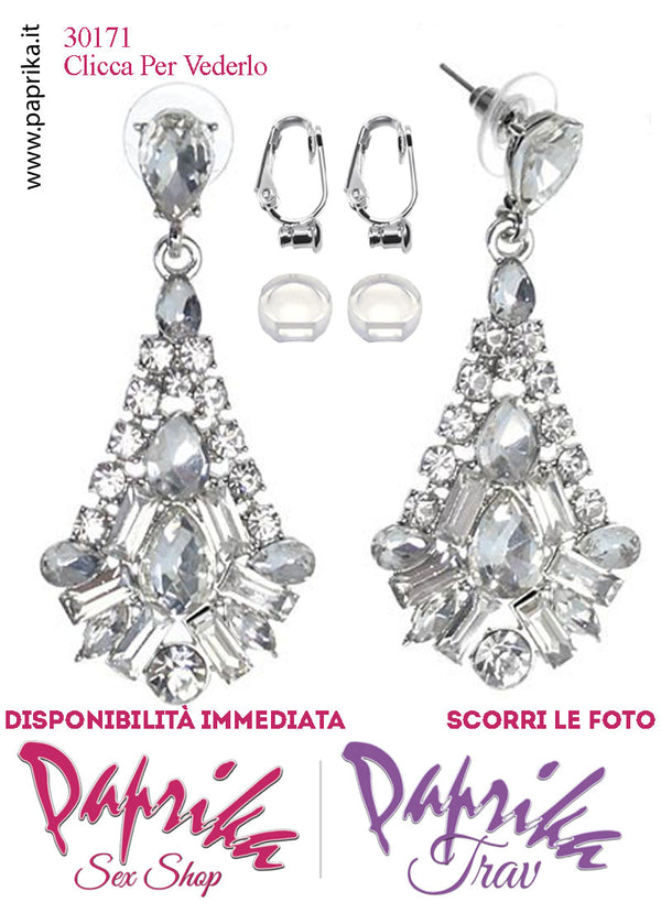 Orecchini Goccia Pendenti Metallo Strass Trasparenti Perno Clip Omaggio