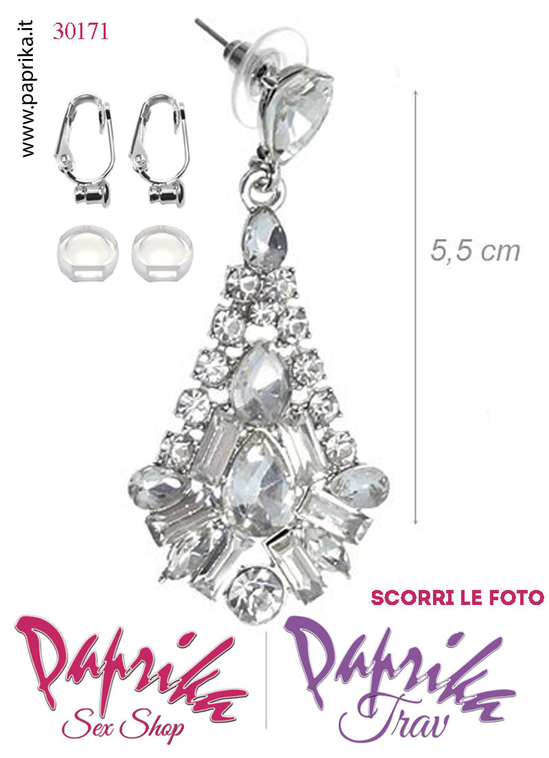 Orecchini Goccia Pendenti Metallo Strass Trasparenti Perno Clip Omaggio