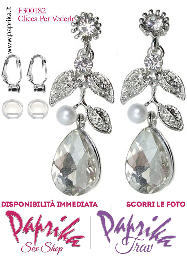 Orecchini Goccia Perla Pendenti Strass Metallo Trasparenti Perno Clip Omaggio