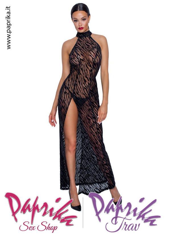 Abito Lungo Fetish Retina Trasparente Look Tigrato Spacco Laterale