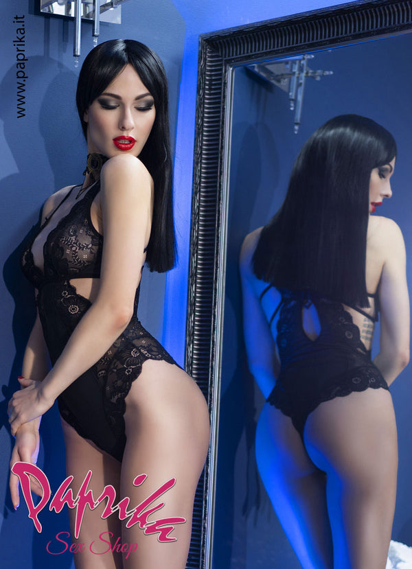 Body Perizoma Sexy Pizzo Nero Ampia Scollatura Inserto Centrale Coprente
