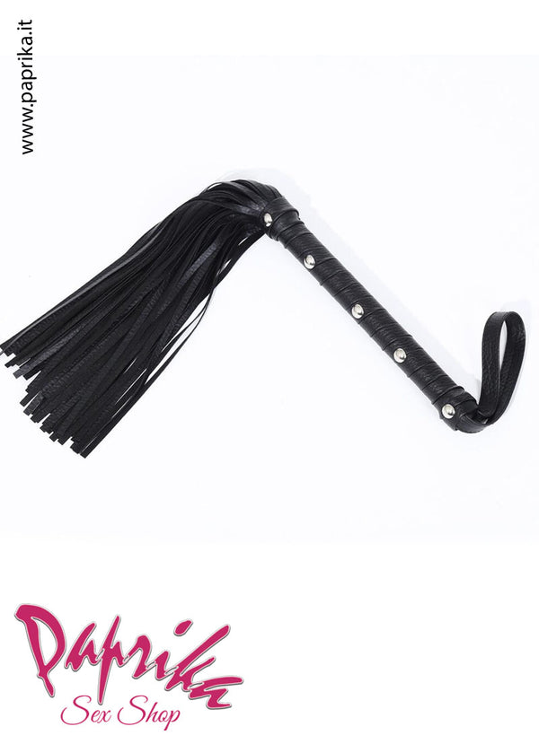 Frusta Whip Sadomaso 45 cm Strisce Pelle Sottili Manico Legno