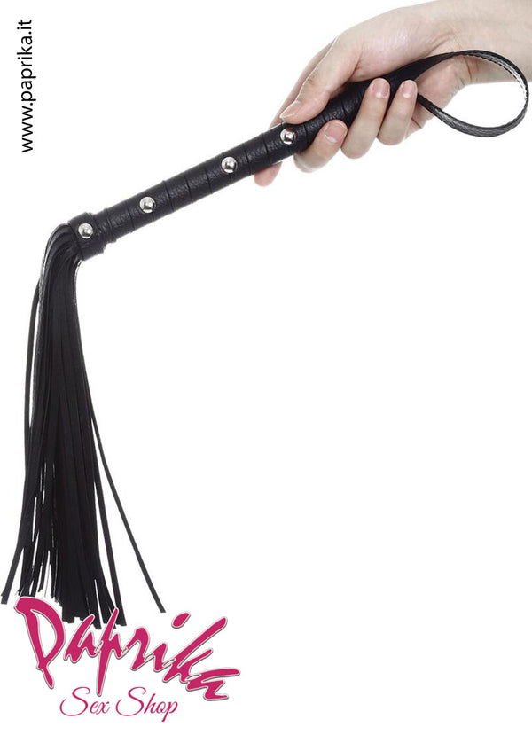 Frusta Whip Sadomaso 45 cm Strisce Pelle Sottili Manico Legno