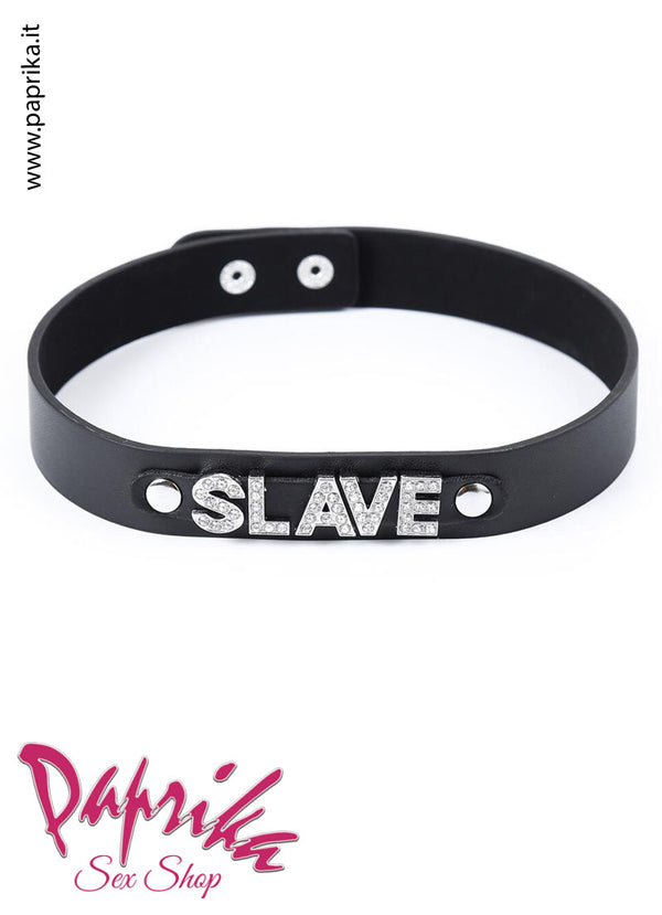 Collare Basso EcoPelle Unisex "Slave" Strass 3 Automatici Posteriori